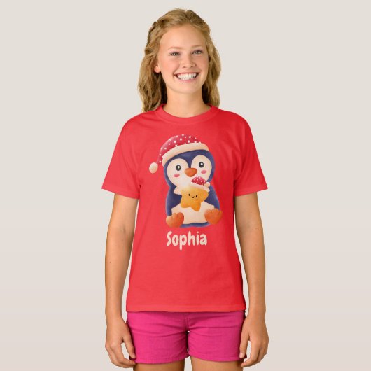 かわいいクリスマスフェスティバルペンギンカスタムの女の子の名前 Tシャツ (正面フル)