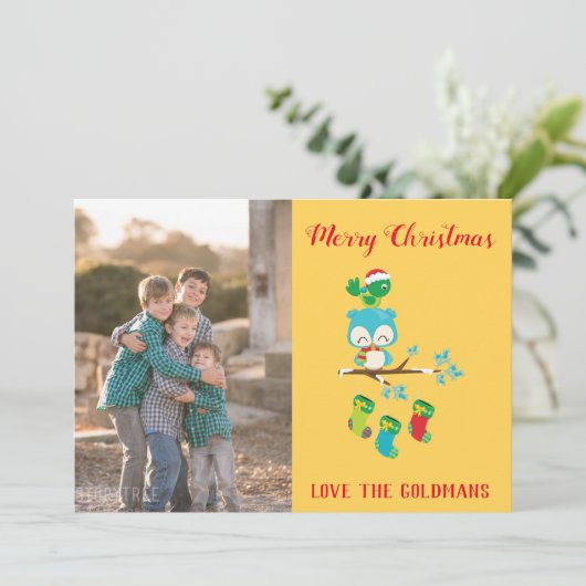 かわいいクリスマスフクロウの写真 シーズンカード (スタンド正面)