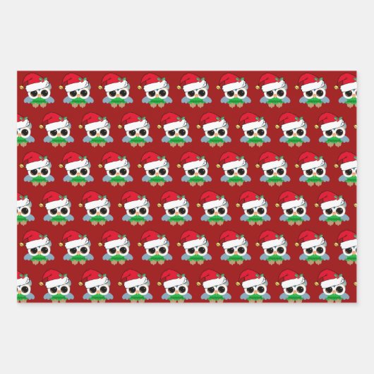 かわいいクリスマスフクロウ赤 ラッピングペーパーシート (正面3)