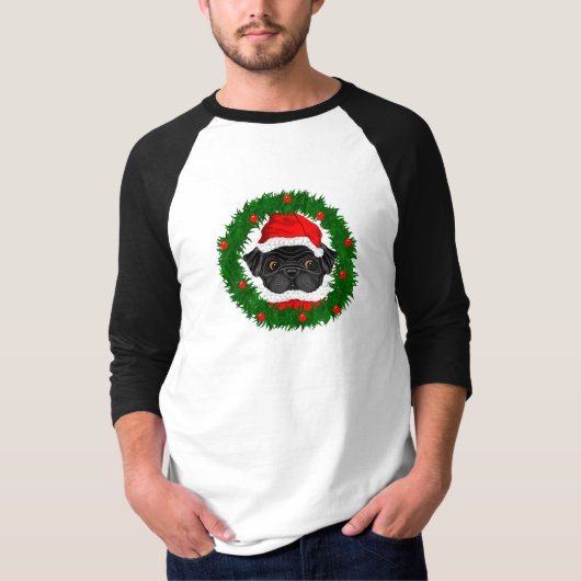 かわいいクリスマスブラックプグサンタインリース Tシャツ (正面)