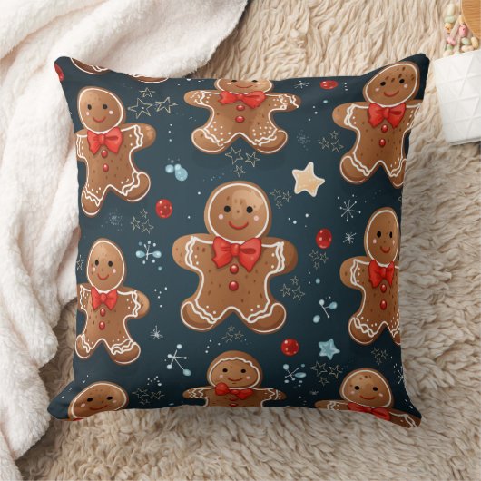 かわいいクリスマスブルーと赤いジンジャーブレッドのパターン クッション (ブランケット)