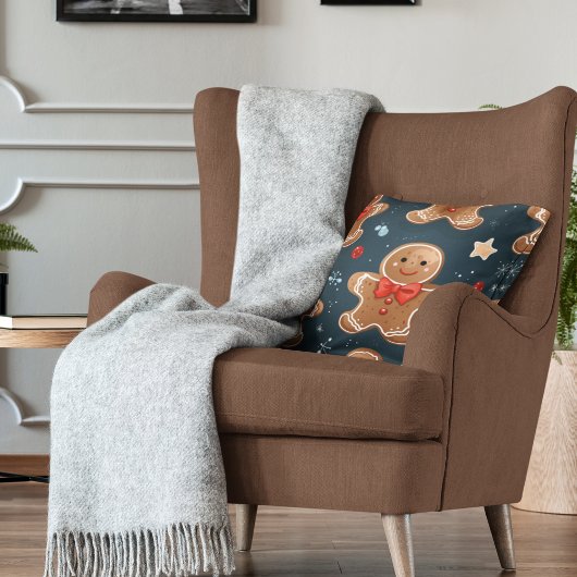 かわいいクリスマスブルーと赤いジンジャーブレッドのパターン クッション