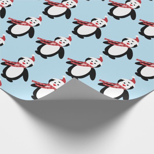 かわいいクリスマスペンギン赤い水色の休日 ラッピングペーパー (角)