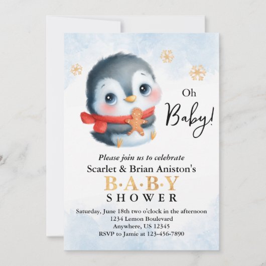 かわいいクリスマスペンギン赤ちゃんシャワー 招待状 (正面)