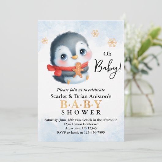 かわいいクリスマスペンギン赤ちゃんシャワー 招待状 (スタンド正面)