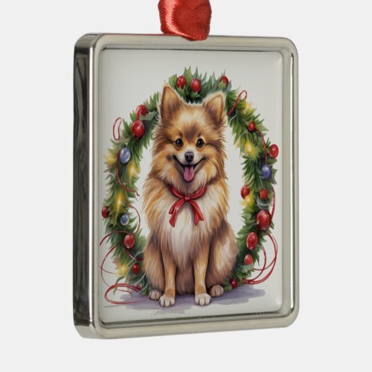 かわいいクリスマスホリデーポメラニア犬ドッグ&リース メタルオーナメント (右)