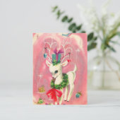 かわいいクリスマスホワイトトナカイとデコレーションピンク シーズンポストカード (スタンド正面)