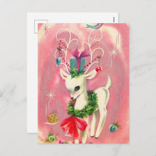 かわいいクリスマスホワイトトナカイとデコレーションピンク シーズンポストカード (正面/裏面)