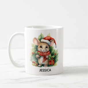 かわいいクリスマスマウス 赤いサンタ帽子 名前入り コーヒーマグカップ