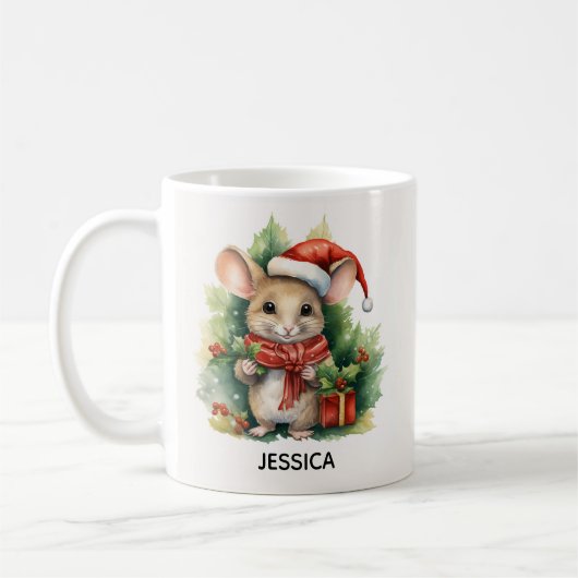 かわいいクリスマスマウス 赤いサンタ帽子 名前入り コーヒーマグカップ (左)