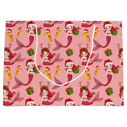 かわいいクリスマスマーメイドの乗馬のパターン ラージペーパーバッグ (正面)