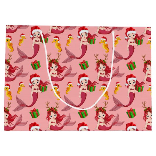 かわいいクリスマスマーメイドの乗馬のパターン ラージペーパーバッグ (裏面)