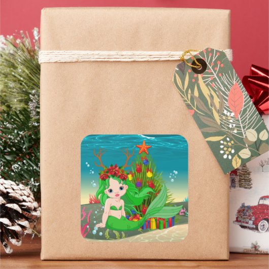 かわいいクリスマスマーメイドの海藻 スクエアシール (クリスマス)