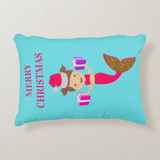 かわいいクリスマスマーメイドガールサンタハットin海クリスマス アクセントクッション (正面)