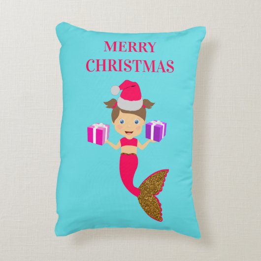 かわいいクリスマスマーメイドガールサンタハットin海クリスマス アクセントクッション (裏面(縦))