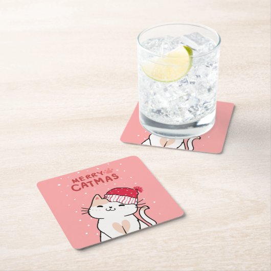かわいいクリスマスメリー猫キャットマスサンタハットキッテン スクエアペーパーコースター (インサイチュ)