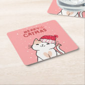 かわいいクリスマスメリー猫キャットマスサンタハットキッテン スクエアペーパーコースター (アングル)