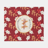 かわいいクリスマスモノグラムブルゴーニホリーミストレ フリースブランケット (正面(横))