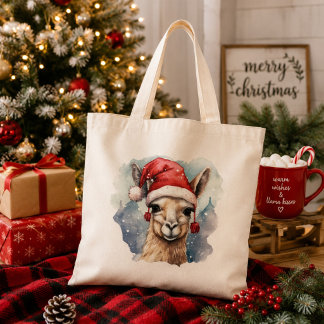 かわいいクリスマスラマウォーターカラーホリデー トートバッグ