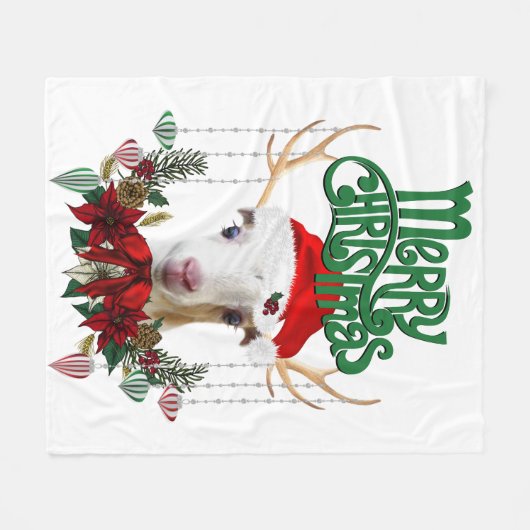かわいいクリスマスラマンチャヤギ〔雄ジカの〕枝角とリース フリースブランケット (正面(横))