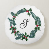 かわいいクリスマスリースカスタム、写真&イニシャル ラウンドクッション (正面)