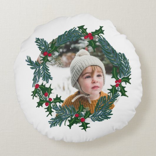 かわいいクリスマスリースカスタム、写真&イニシャル ラウンドクッション (裏面)