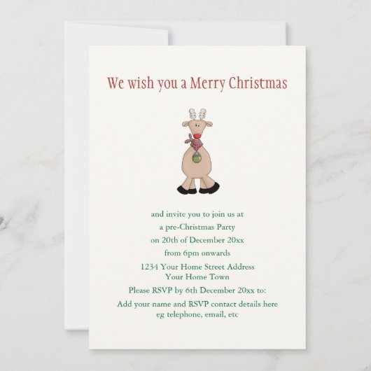 かわいいクリスマスルドルフ赤い鼻のトナカイのパーティー 招待状 (裏面)