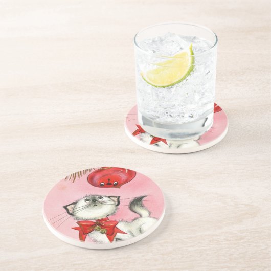 かわいいクリスマスレトロヴィンテージキッテンキャットツリーピンク コースター (側面)