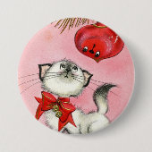 かわいいクリスマスレトロヴィンテージキッテンキャットツリーピンク 缶バッジ (正面)