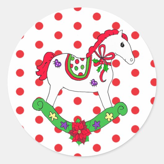 かわいいクリスマスロッキングホースホリデー ラウンドシール (正面)