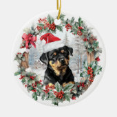 かわいいクリスマスロットワイラー犬の子犬サンタハット セラミックオーナメント (正面)
