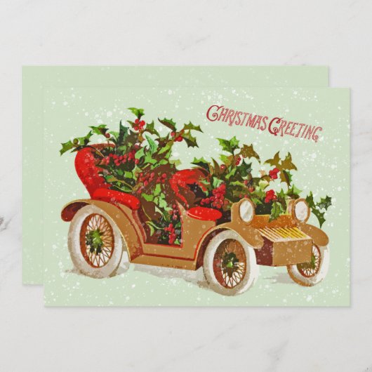 かわいいクリスマスヴィンテージカーホリー雪のセージ 招待状 (正面/裏面)