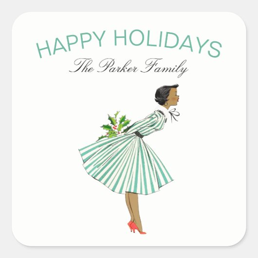 かわいいクリスマスヴィンテージレトロドレスの女性 スクエアシール (正面)