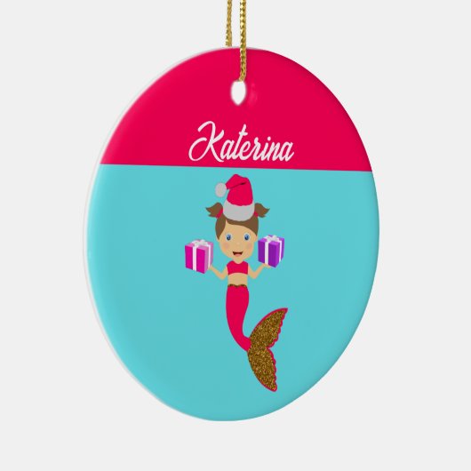かわいいクリスマス人魚ガールサンタハット海 セラミックオーナメント (右)
