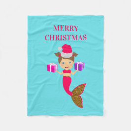 かわいいクリスマス人魚ガールサンタハット海 フリースブランケット
