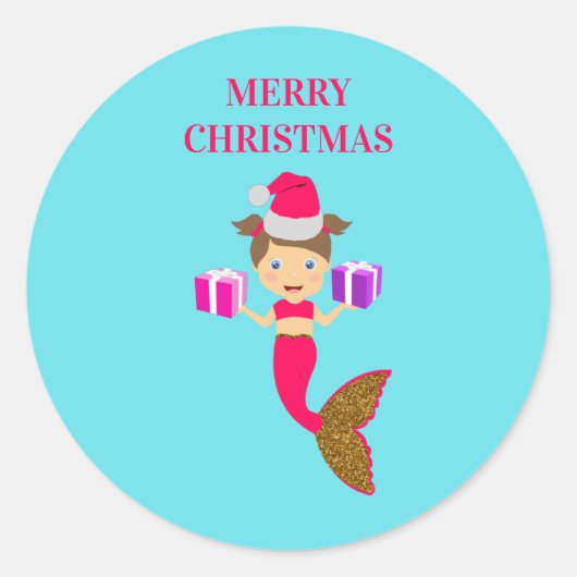 かわいいクリスマス人魚ガールサンタハット海 ラウンドシール (正面)