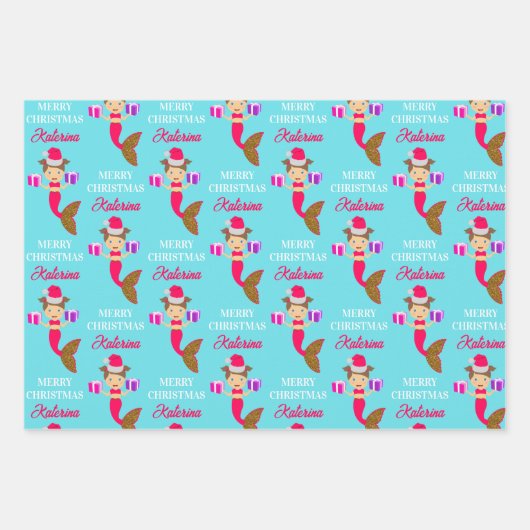 かわいいクリスマス人魚ガールサンタハット海 ラッピングペーパーシート (正面3)