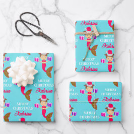 かわいいクリスマス人魚ガールサンタハット海 ラッピングペーパーシート