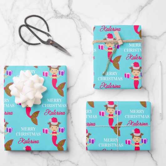 かわいいクリスマス人魚ガールサンタハット海 ラッピングペーパーシート (正面)