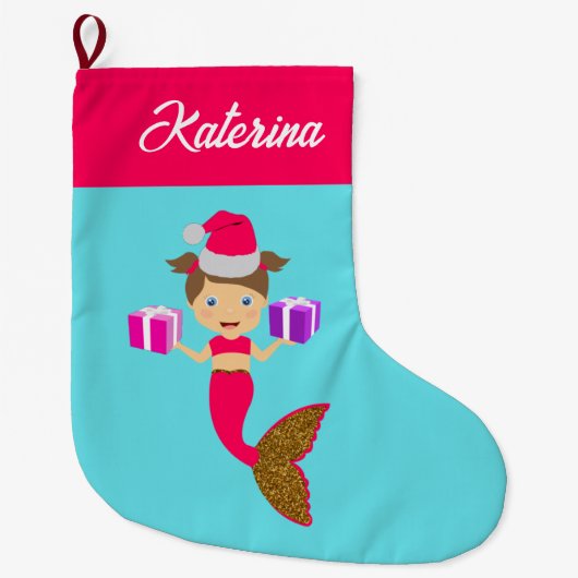 かわいいクリスマス人魚ガールサンタハット海 ラージクリスマスストッキング (正面)
