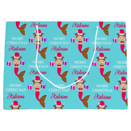 かわいいクリスマス人魚ガールサンタハット海 ラージペーパーバッグ (正面)