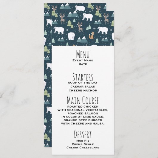 かわいいクリスマス冬の動物のパタ素朴ーンメニュー 招待状 (正面/裏面)