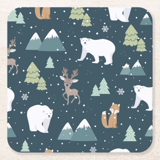 かわいいクリスマス冬の動物のパタ素朴ーン スクエアペーパーコースター (正面)