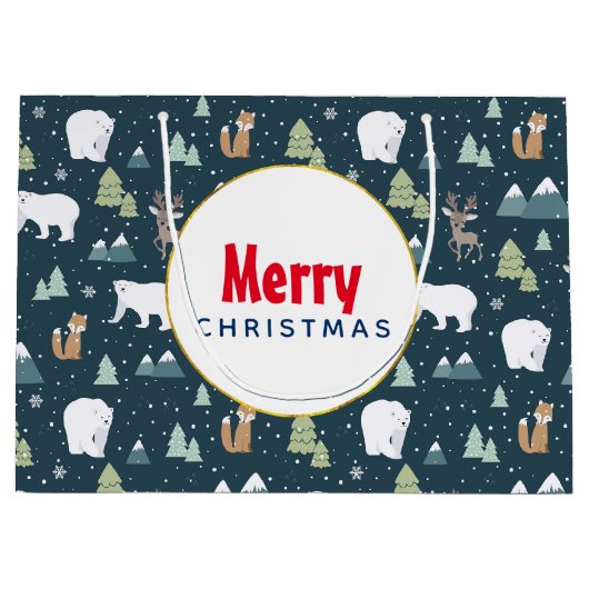 かわいいクリスマス冬の動物のパタ素朴ーン ラージペーパーバッグ (正面)