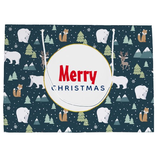 かわいいクリスマス冬の動物のパタ素朴ーン ラージペーパーバッグ (裏面)