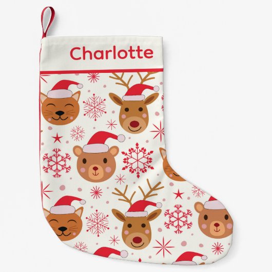 かわいいクリスマス動物の猫、クマとトナカイ スモールクリスマスストッキング (正面)