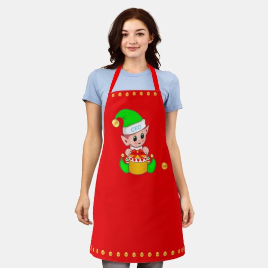 かわいいクリスマス小妖精や小人とゴールデン紙吹雪オンレッド エプロン (着用した状態)