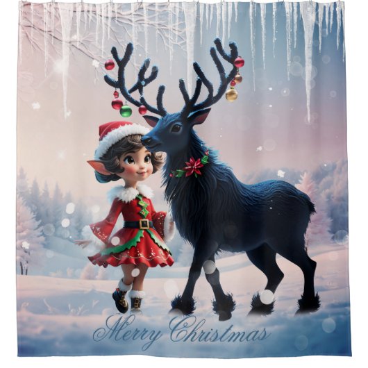かわいいクリスマス小妖精や小人とダークトナカイ。 シャワーカーテン (正面)