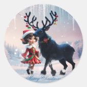 かわいいクリスマス小妖精や小人とダークトナカイ。 ラウンドシール (正面)