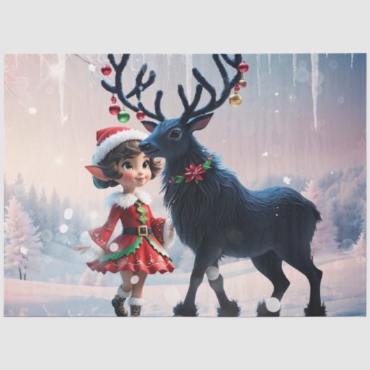 かわいいクリスマス小妖精や小人とダークトナカイ。 薄葉紙 (正面)